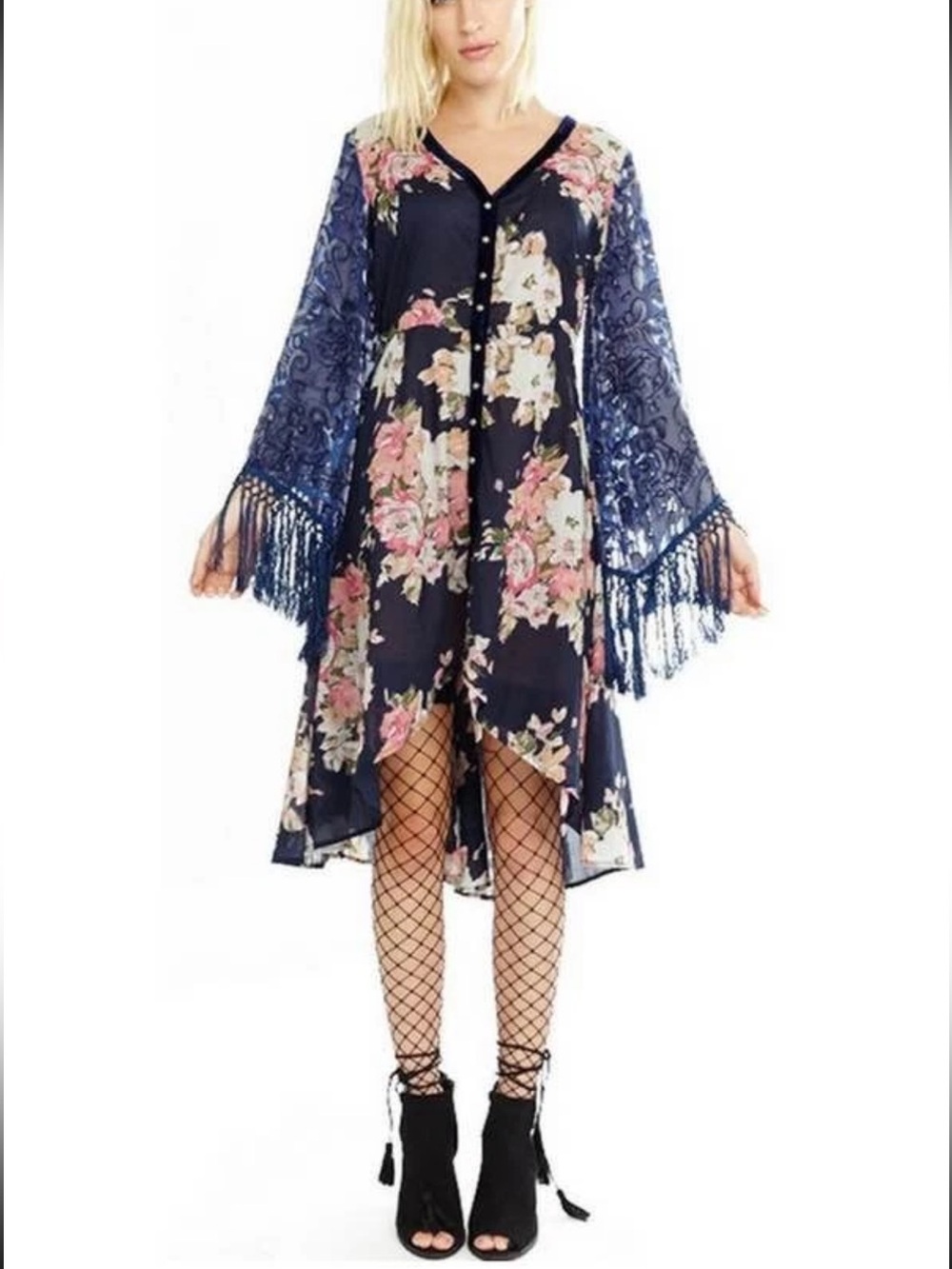 Aratta Silent Journey Dress burn-out velvet V-neck midi Fringe sleeve floral M